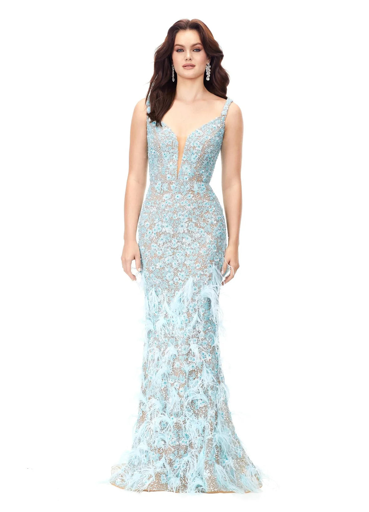 Ava ASHLEYlauren Dress | Baby Blue  Beaded Evening Gown With Feather Details