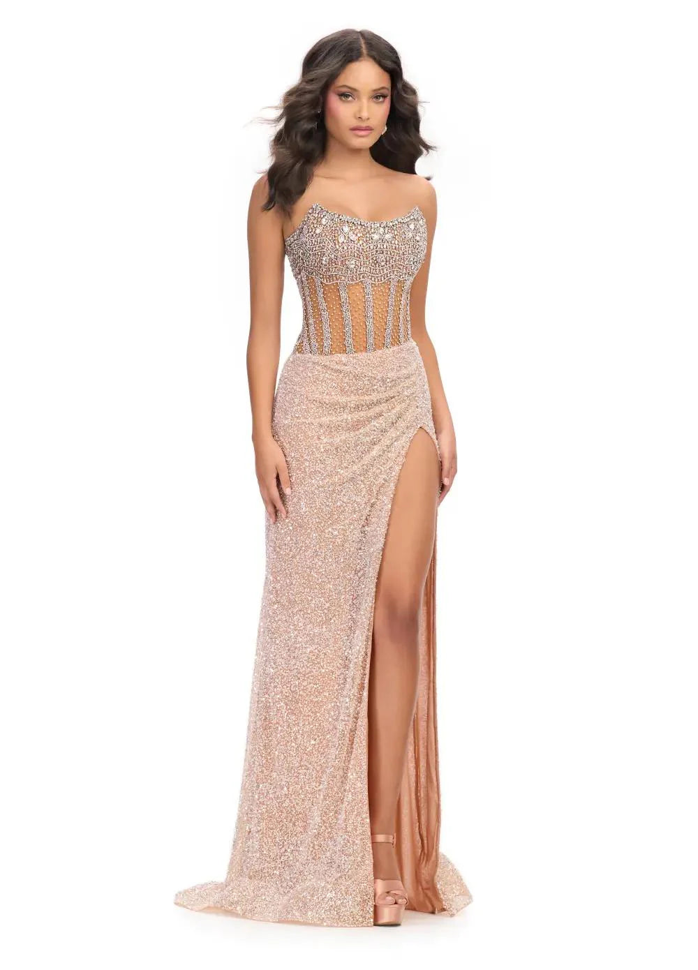 Beaded Corset Gown With Draped Skirt And Thigh Slit