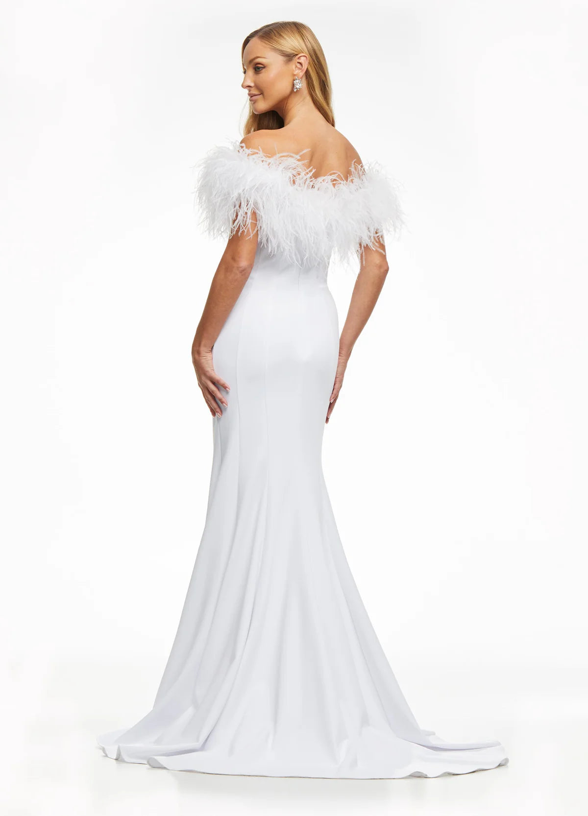 Back View - White gown with an off-the-shoulder feathered neckline, fitted silhouette, high slit, and floor-length design.