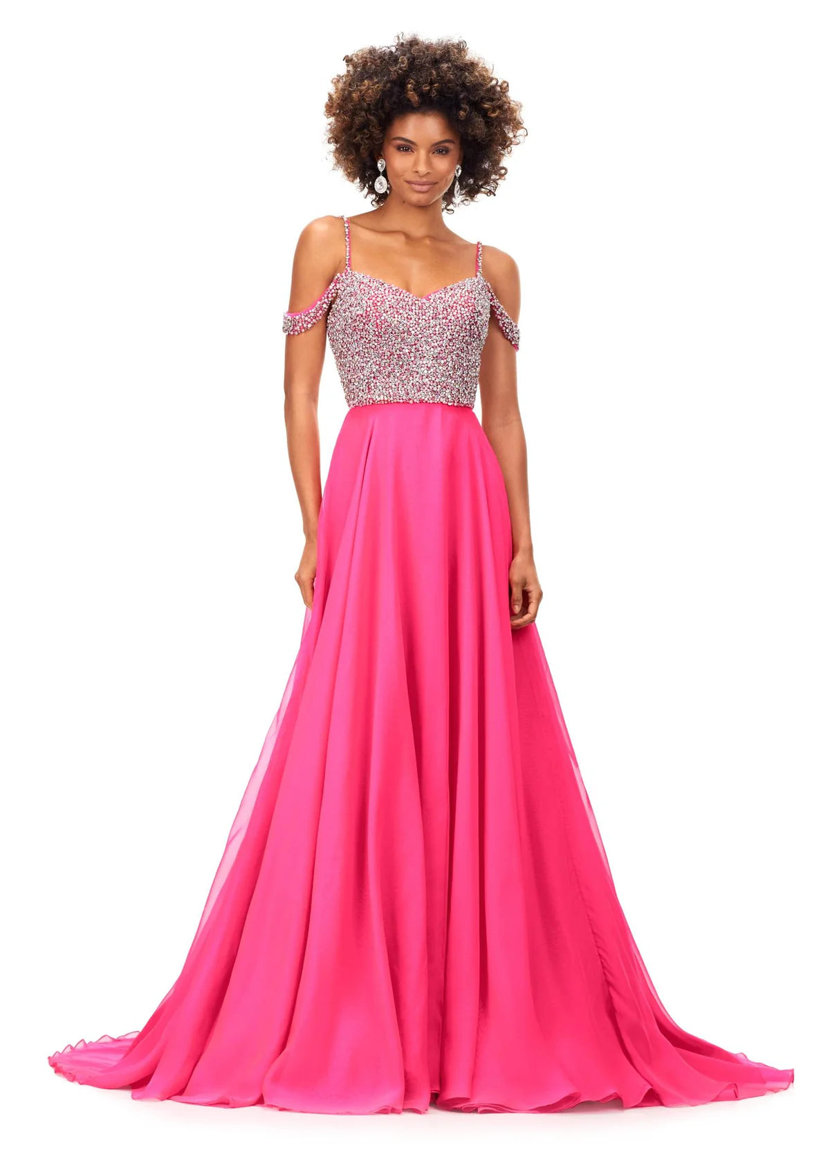 Off-Shoulder Hot Pink Gown With Embellished Bodice, Spaghetti Straps, And Flowing Chiffon Skirt