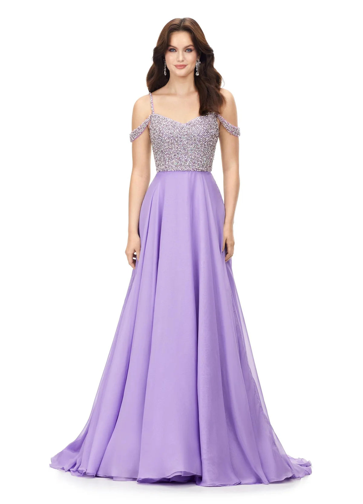 Off-Shoulder Lilac Gown With Embellished Bodice, Spaghetti Straps, And Flowing Chiffon Skirt