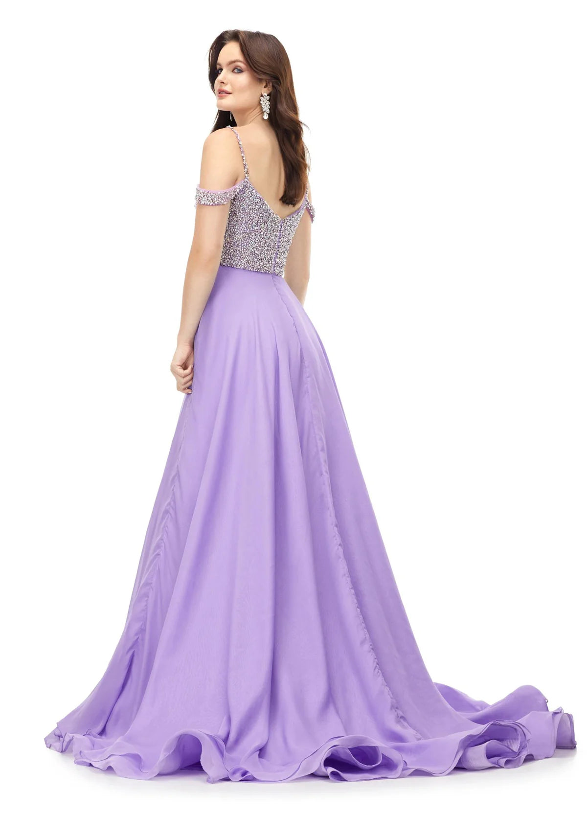 Back view - Off-Shoulder Lilac Gown With Embellished Bodice, Spaghetti Straps, And Flowing Chiffon Skirt