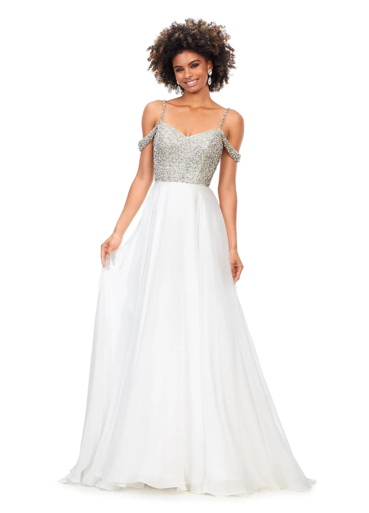 Off-Shoulder White Gown With Embellished Bodice, Spaghetti Straps, And Flowing Chiffon Skirt