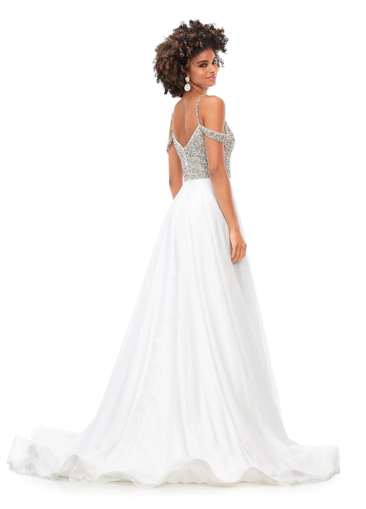 Back view - Off-Shoulder White Gown With Embellished Bodice, Spaghetti Straps, And Flowing Chiffon Skirt