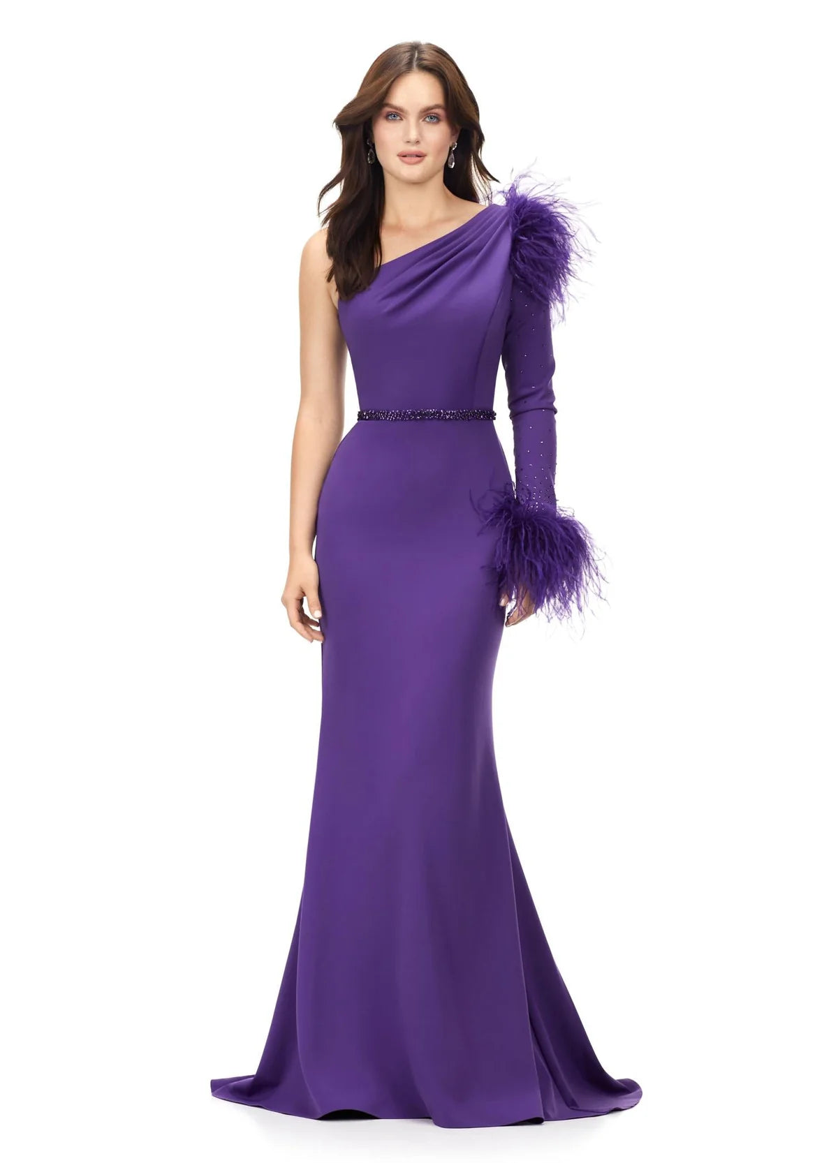 Purple Isla Gown, Ashley Lauren Dress – Beaded Evening Dress with Sheer Bodice & Elegant Train

