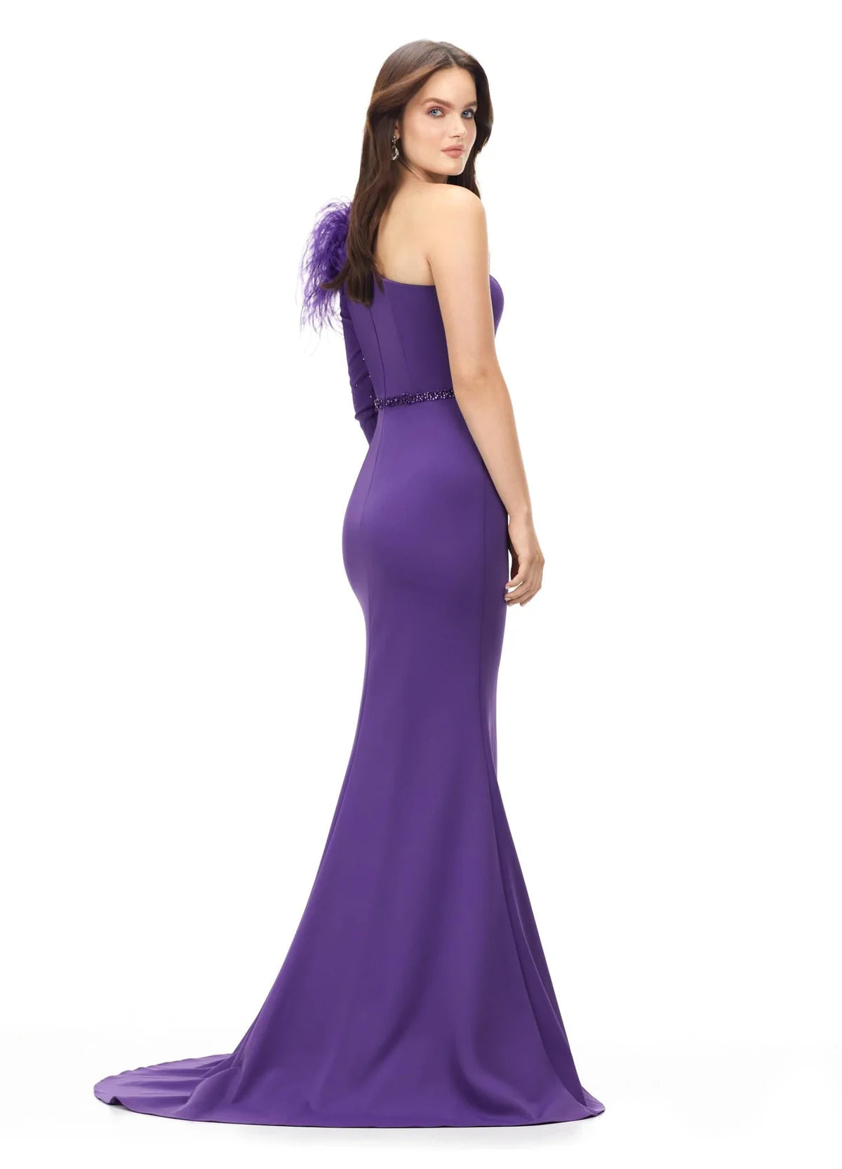 Purple Isla Gown, Ashley Lauren Dress – Beaded Evening Dress with Sheer Bodice & Elegant Train
