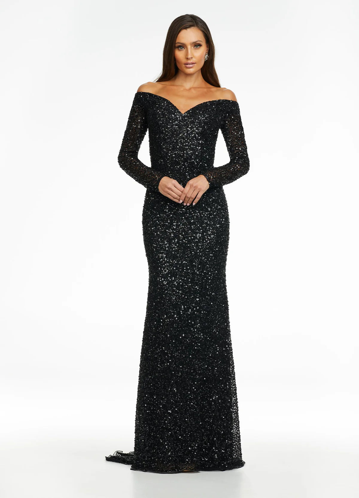 Black elegant off-the-shoulder evening gown with long sleeves, all-over sequin detailing, and a form-fitting silhouette that exudes timeless sophistication.