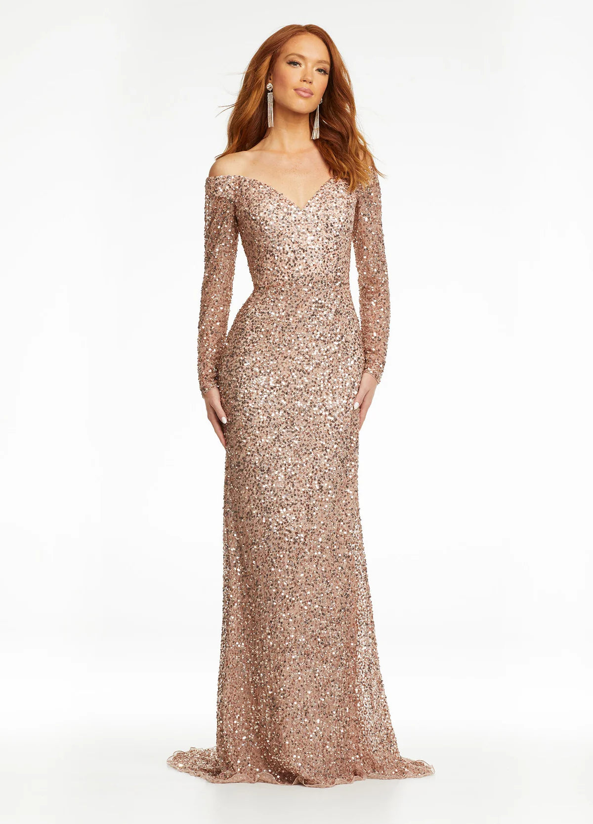 Elegant champagne off-the-shoulder evening gown with long sleeves, all-over sequin detailing, and a form-fitting silhouette that exudes timeless sophistication.