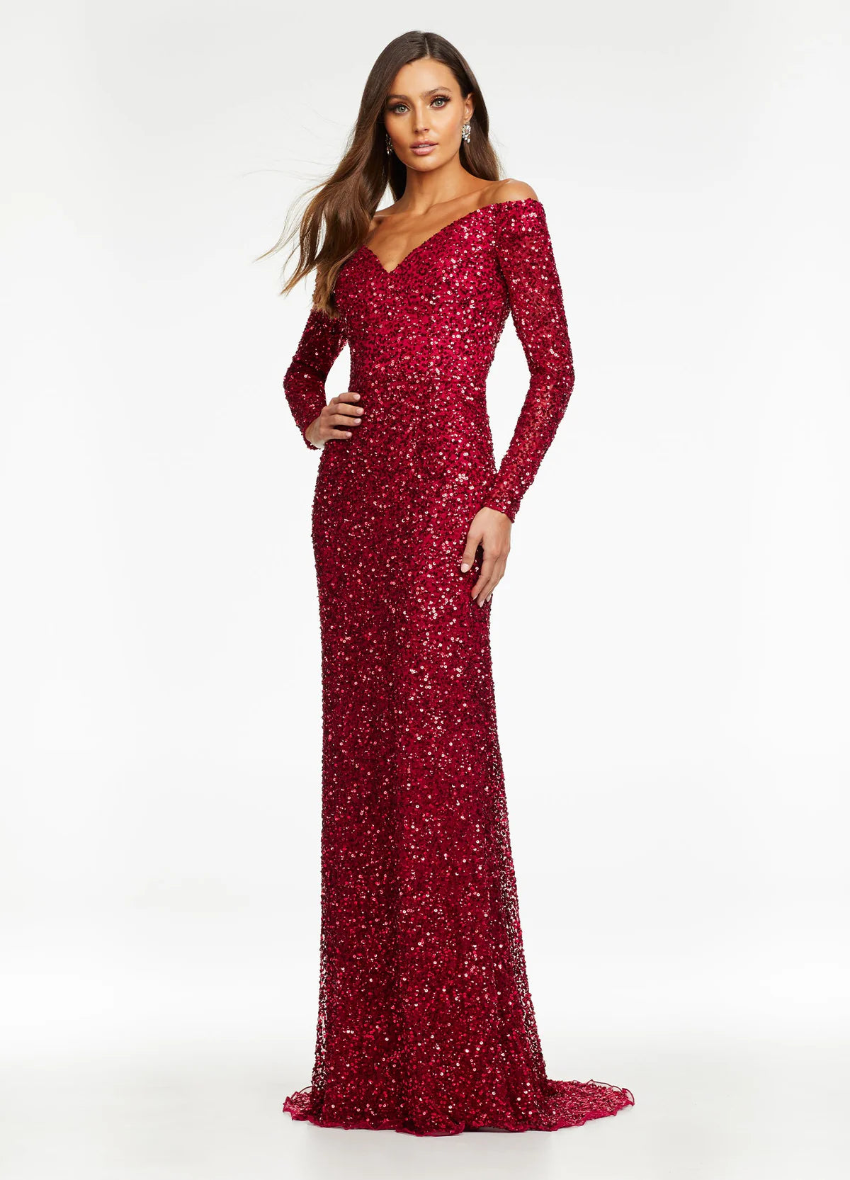 Elegant ruby off-the-shoulder evening gown with long sleeves, all-over sequin detailing, and a form-fitting silhouette that exudes timeless sophistication.