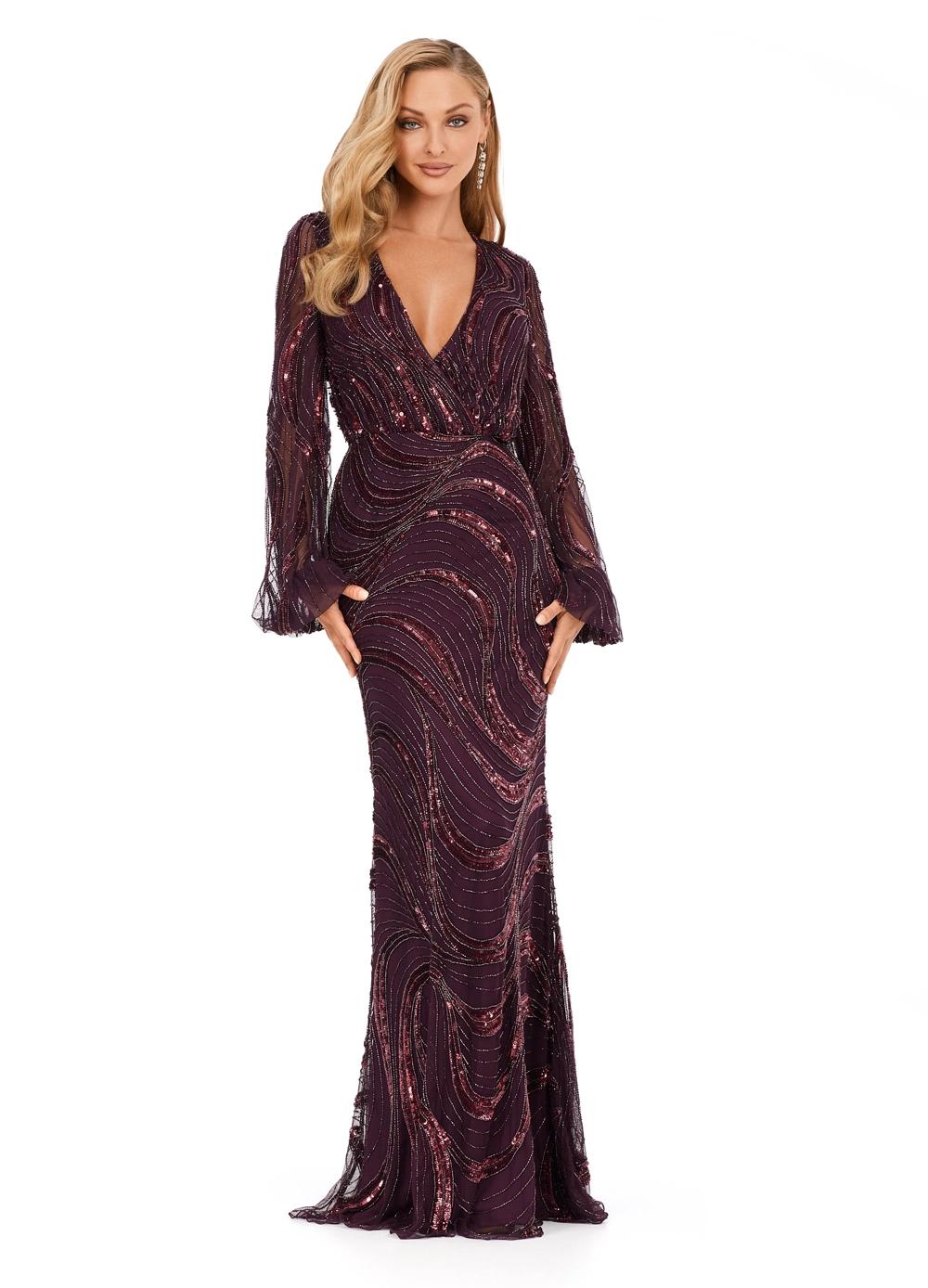 Exquisite plum floor-length gown featuring a plunging neckline, long sheer sleeves, intricate sequin patterns, and a fitted silhouette for a glamorous and elegant look.