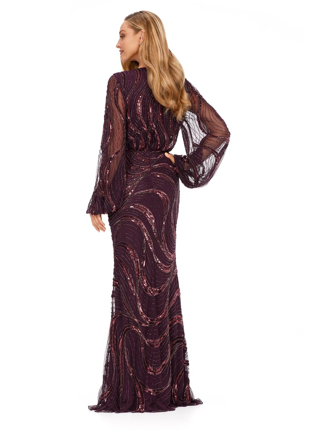 Back view - Exquisite plum floor-length gown featuring a plunging neckline, long sheer sleeves, intricate sequin patterns, and a fitted silhouette for a glamorous and elegant look.