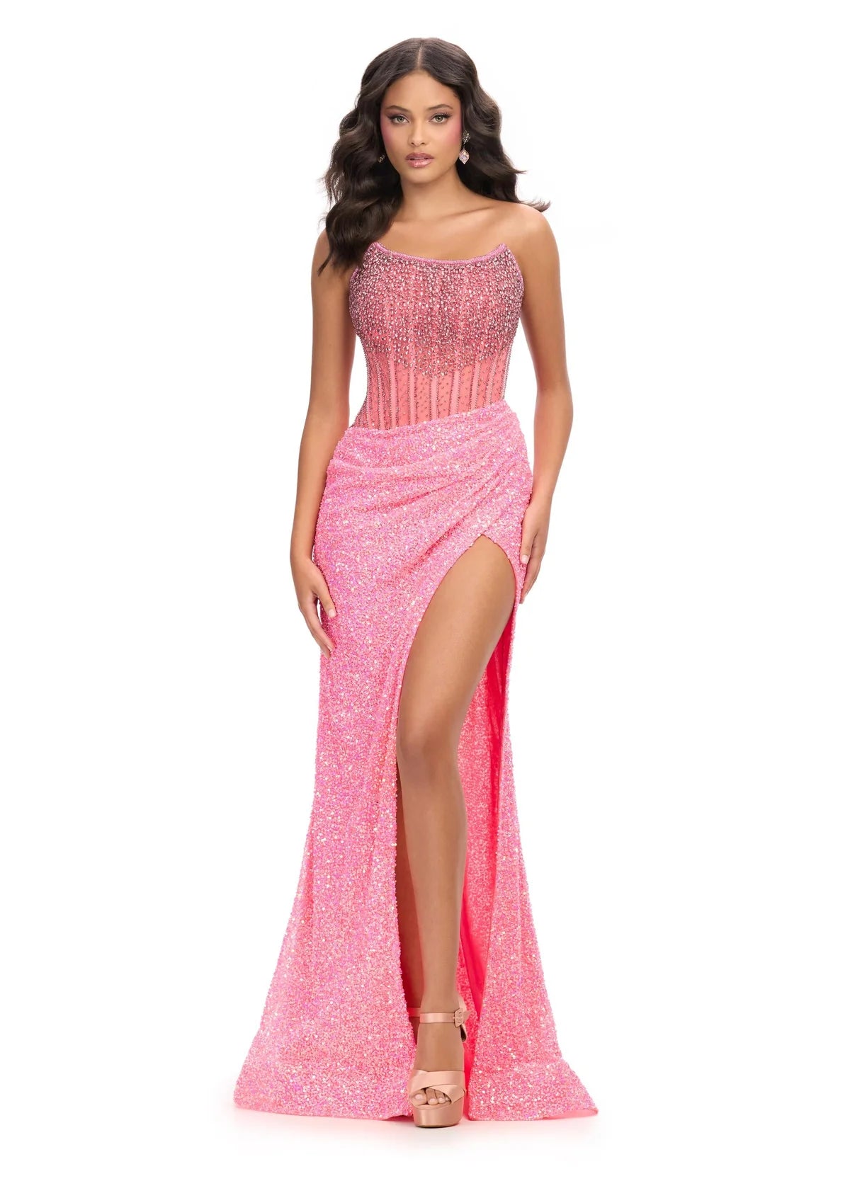 Pink Sleeveless Beaded Gown With Sheer Corset Bodice, Draped Skirt, High Slit, and Fitted Silhouette