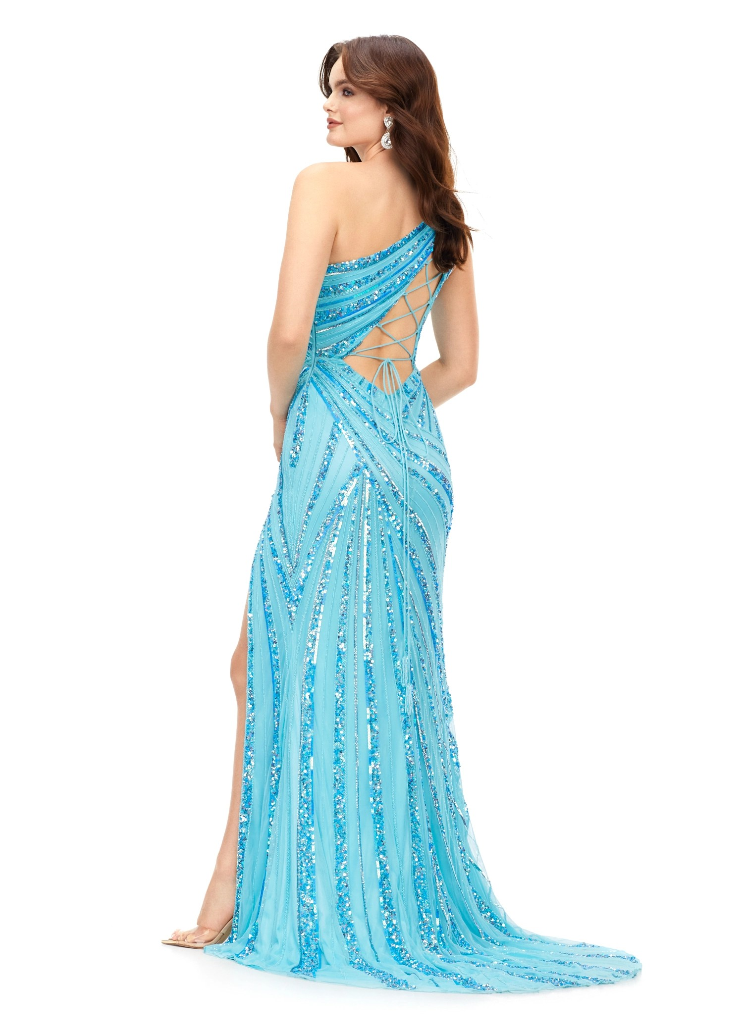 Back View - Stunning aqua one-shoulder gown embellished with intricate sequins, offering a high slit for a glamorous finish.