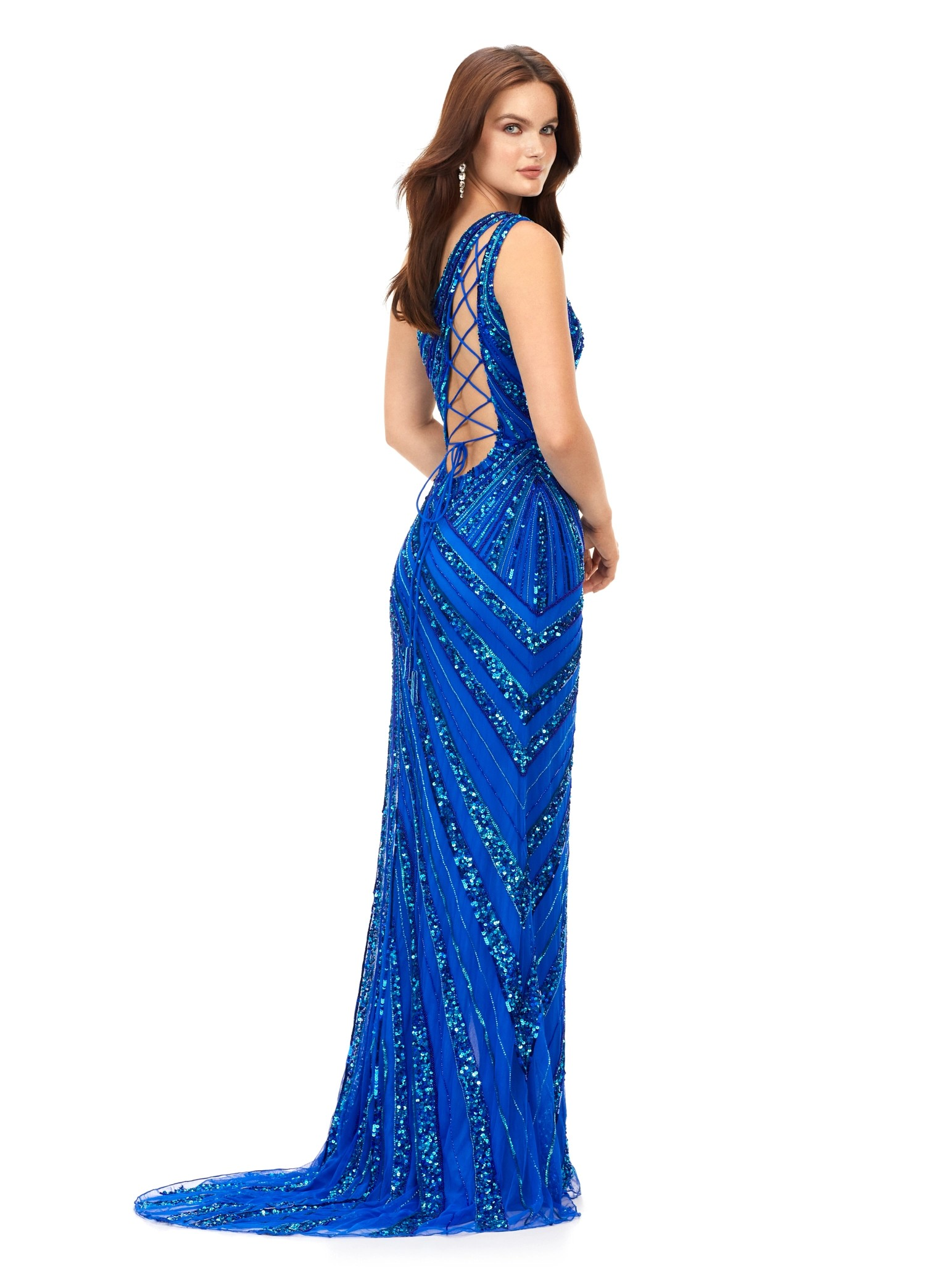 Back View - Blue one-shoulder gown with sparkling sequin details, fitted silhouette, and a thigh-high slit.