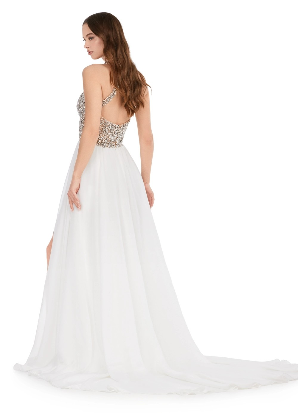 Back View - Halter-neck gown featuring a sparkling embellished bodice with a keyhole cut-out, flowing into a soft, sheer A-line skirt with a thigh-high slit, offering an elegant and ethereal look.