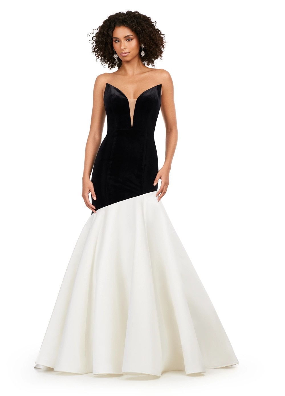 Strapless Black & White Mermaid Gown with Velvet Bodice | Luxury Evening Dress for Women