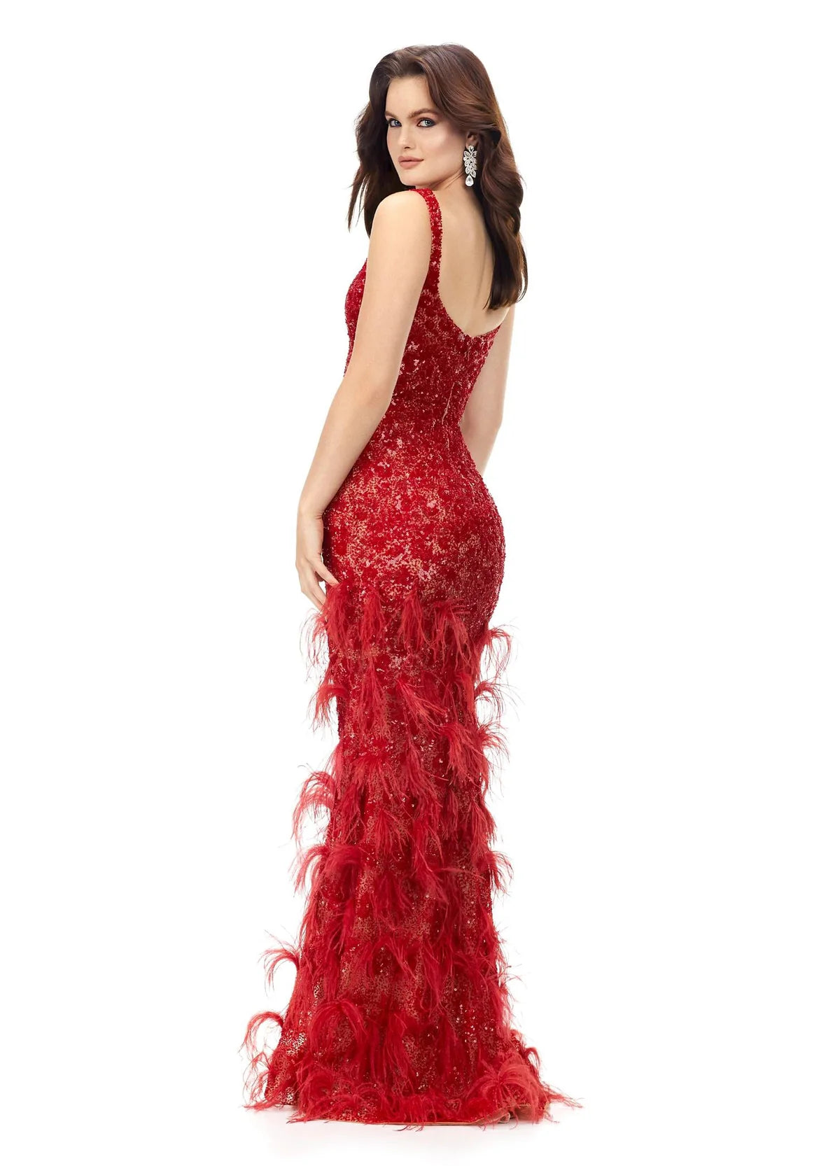 Ava ASHLEYlauren Dress | Back View Red Beaded Evening Gown With Feather Details