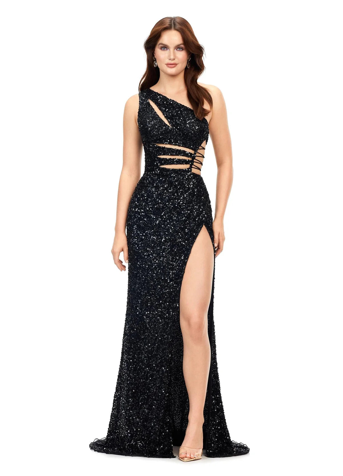 Black One-Shoulder Evening Gown With Glitter Detailing, Cut-Out Bodice, Lace-Up Sides, And High Side Slit.