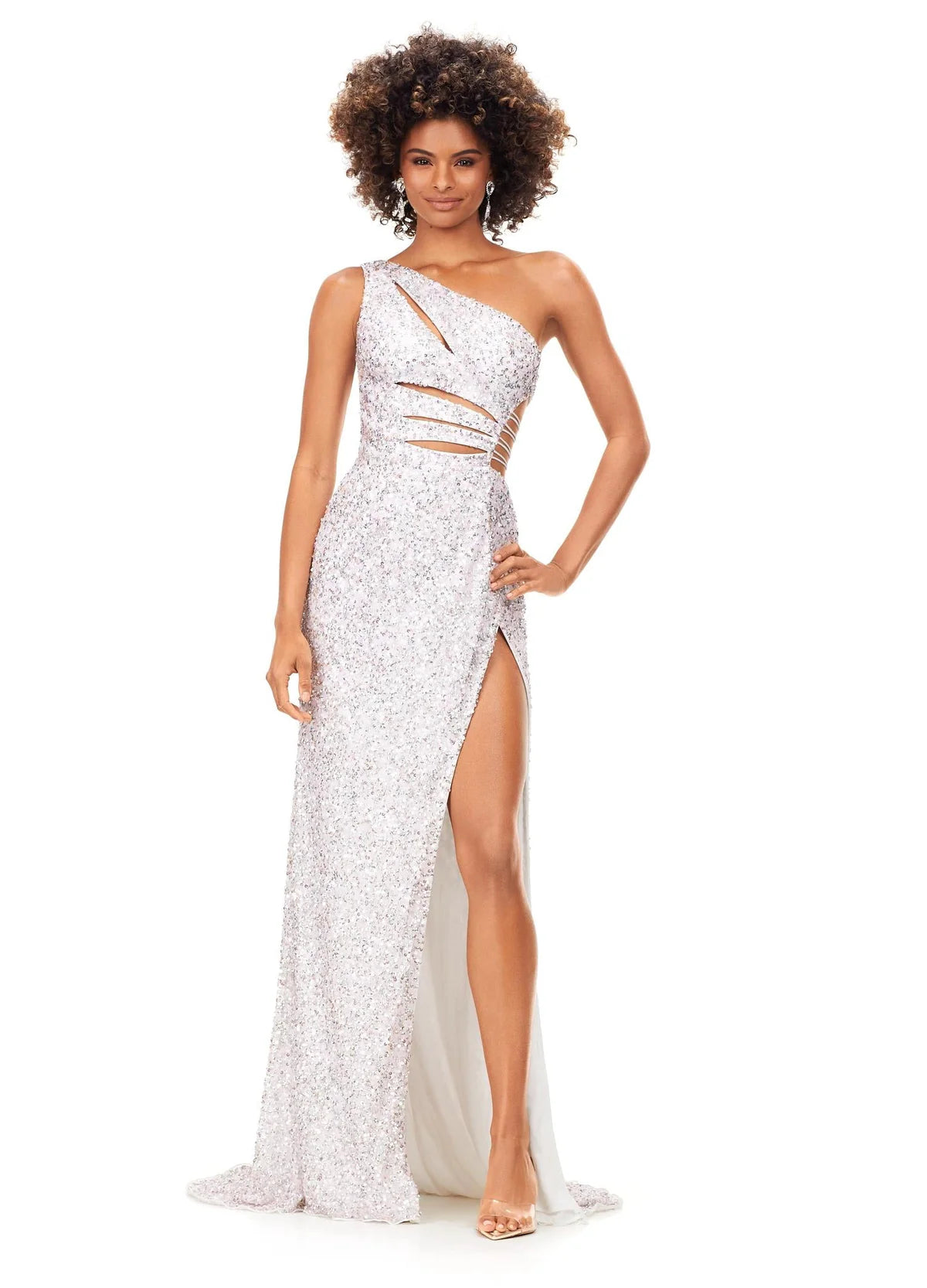 Zafira ASHLEYlauren Dress | Ivory Cut Out One Shoulder Sequin Evening Gown