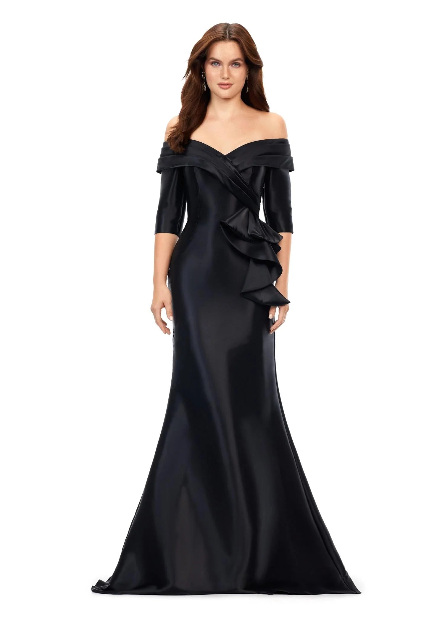 ASHLEYlauren 11324 Celina Gown – Timeless off-the-shoulder mermaid gown crafted from sleek phantom satin, featuring a cascading ruffle detail at the hip for added drama and elegance.