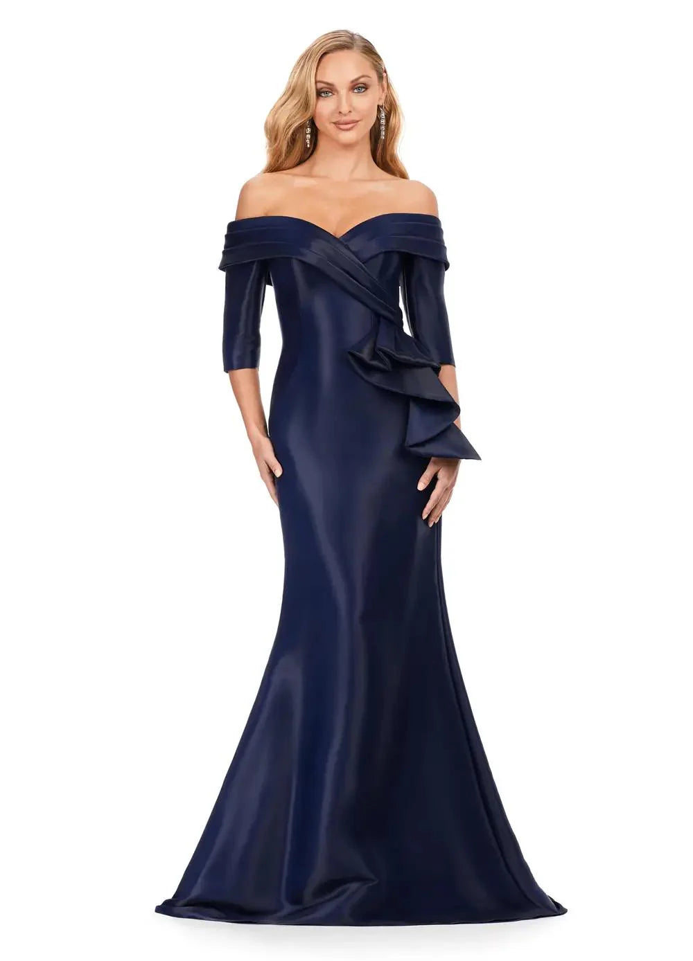 ASHLEYlauren 11324 Celina Gown – Timeless off-the-shoulder mermaid gown crafted from sleek phantom satin, featuring a cascading ruffle detail at the hip for added drama and elegance.