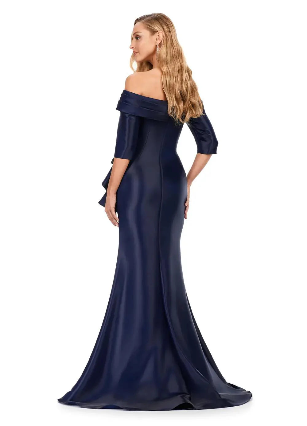 Back - ASHLEYlauren 11324 Celina Gown – Timeless off-the-shoulder mermaid gown crafted from sleek phantom satin, featuring a cascading ruffle detail at the hip for added drama and elegance.