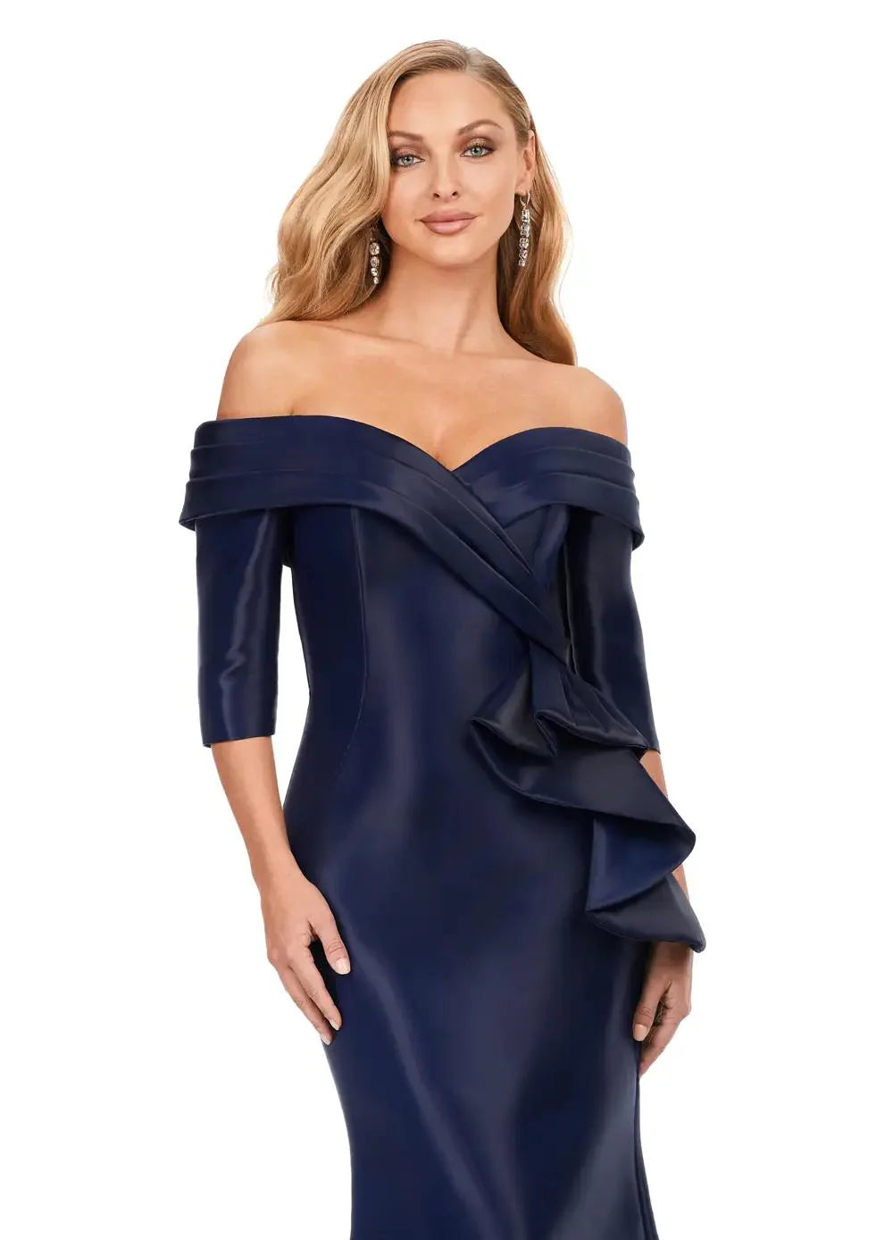 ASHLEYlauren 11324 Celina Gown – Timeless off-the-shoulder mermaid gown crafted from sleek phantom satin, featuring a cascading ruffle detail at the hip for added drama and elegance.