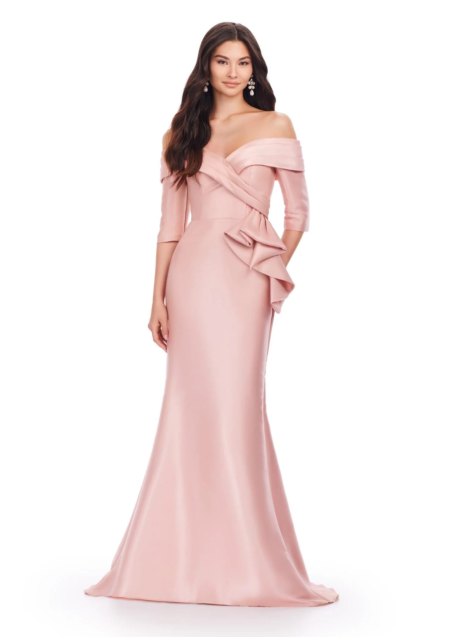 ASHLEYlauren 11324 Celina Gown – Timeless off-the-shoulder mermaid gown crafted from sleek phantom satin, featuring a cascading ruffle detail at the hip for added drama and elegance.