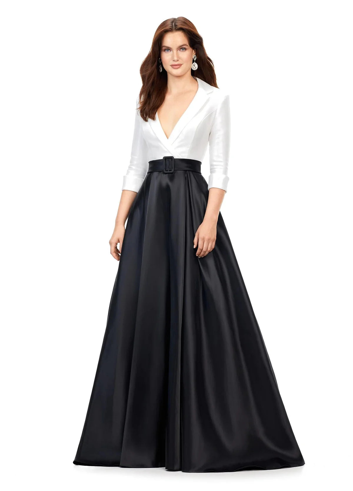 Black and white gown with a tailored white plunging neckline bodice, three-quarter sleeves, and a voluminous black satin A-line skirt featuring a belted waist.