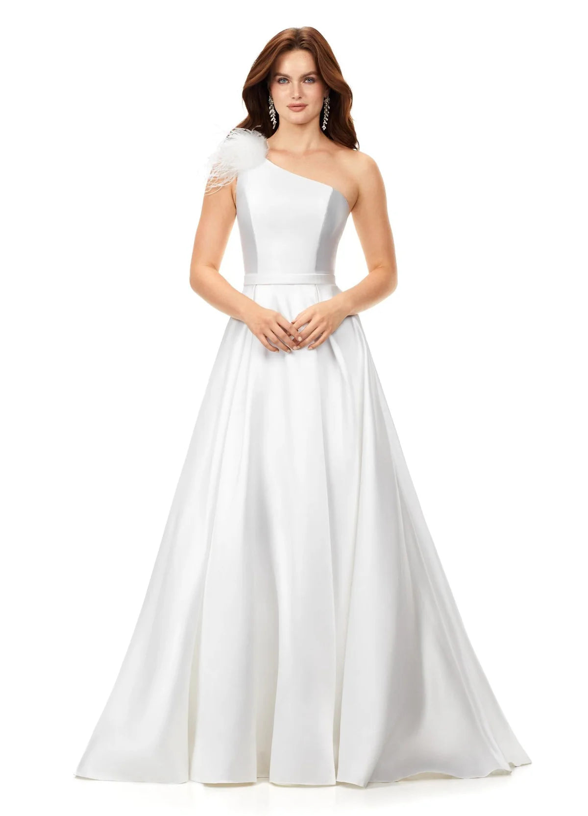 One-Shoulder White Ball Gown with Feather Detail | Elegant and Timeless Dress for Formal Events