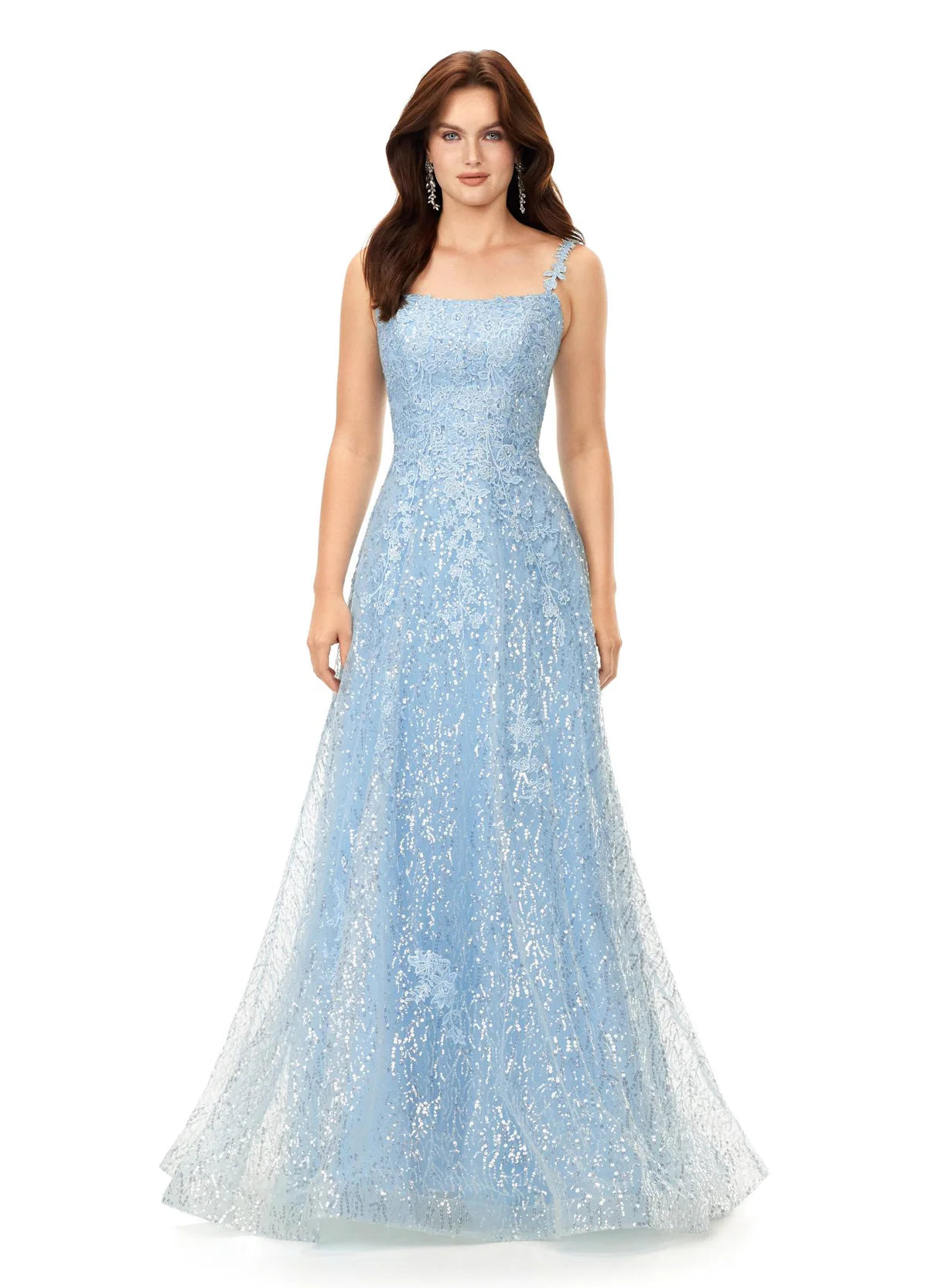 A graceful light blue A-line gown adorned with delicate floral lace and shimmering sequins, featuring a square neckline and a softly flowing silhouette, perfect for a timeless and elegant look.