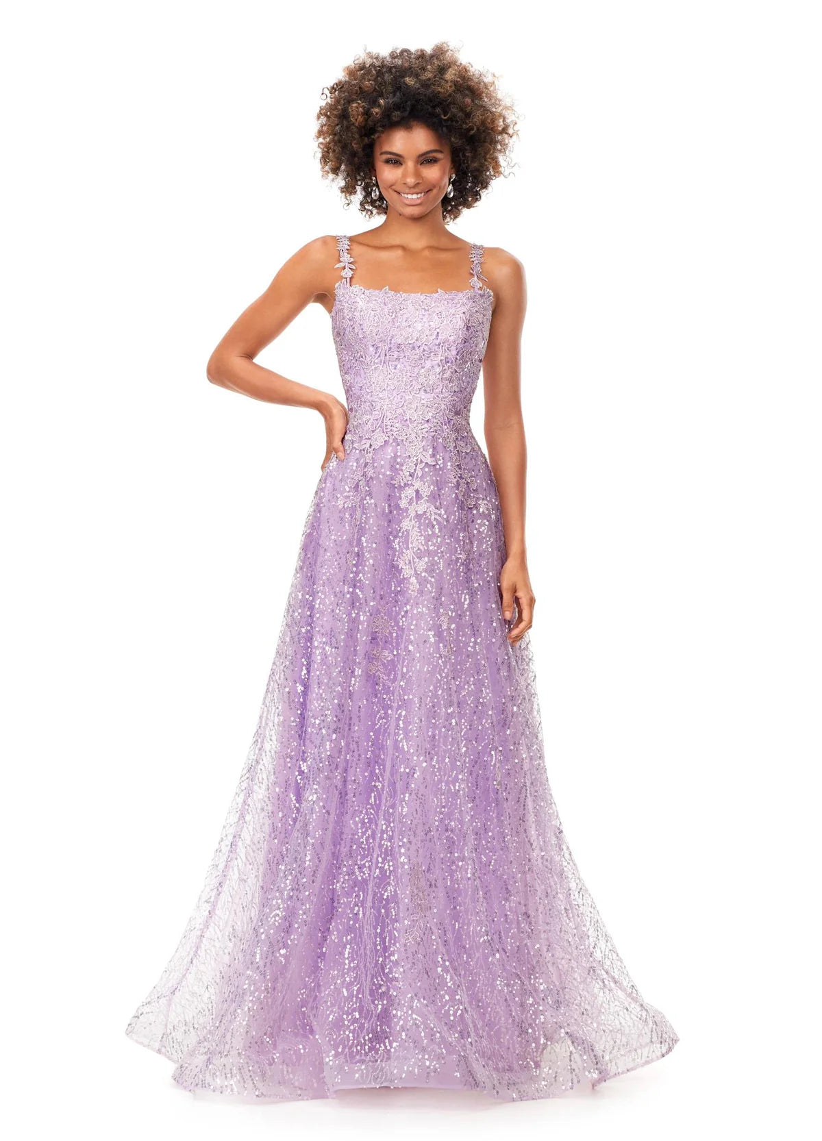 A graceful lilac A-line gown adorned with delicate floral lace and shimmering sequins, featuring a square neckline and a softly flowing silhouette, perfect for a timeless and elegant look.