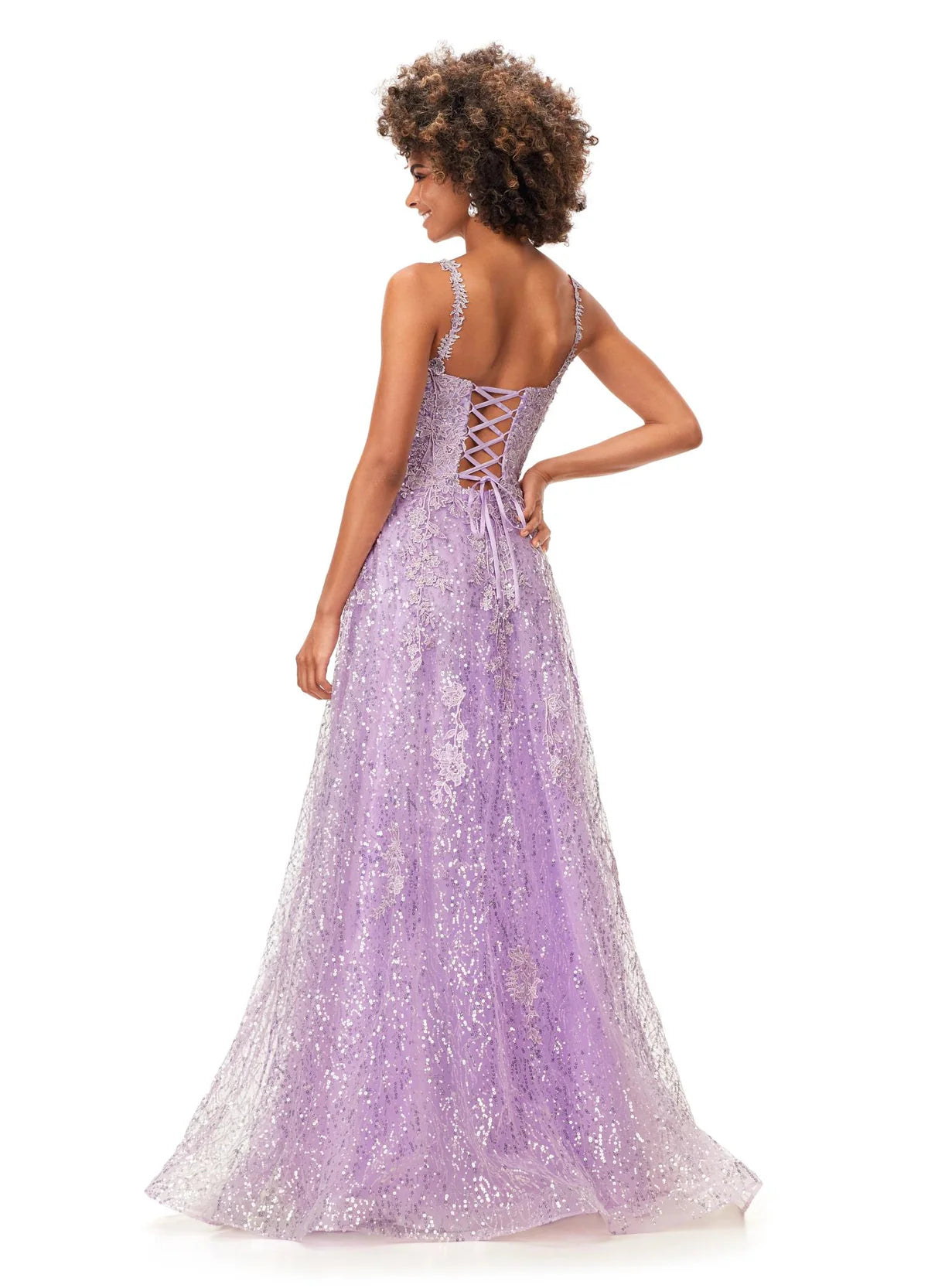 Back view of a graceful lilac A-line gown adorned with delicate floral lace and shimmering sequins, featuring a square neckline and a softly flowing silhouette, perfect for a timeless and elegant look.