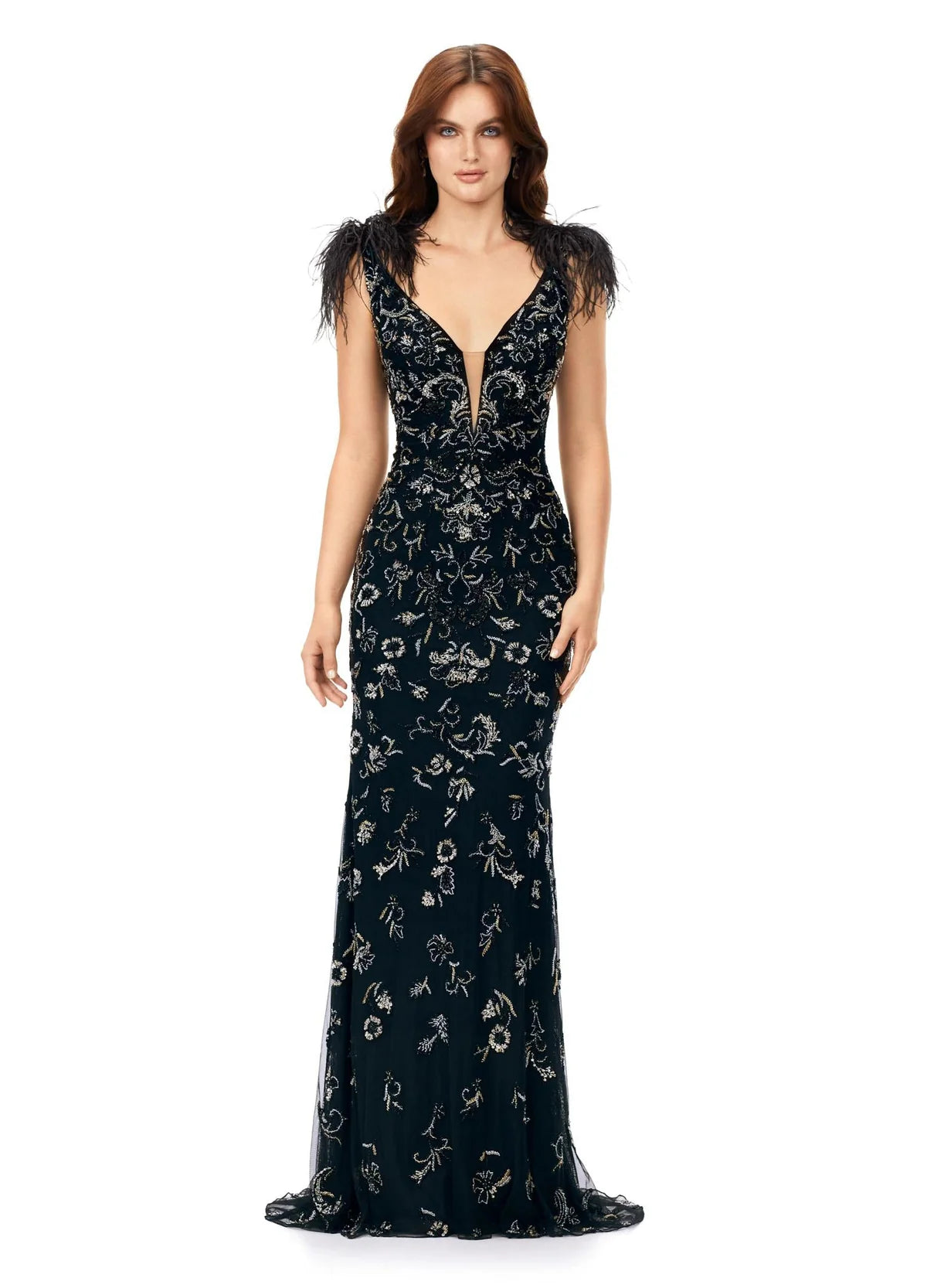 Black Embroidered Plunge Neck Gown with Feathered Shoulders | Luxury Evening Wear