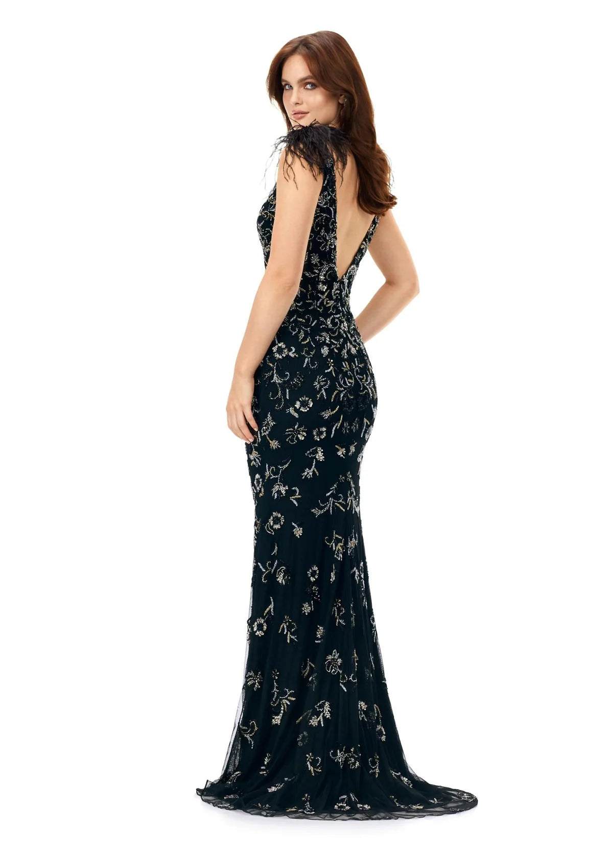 Back View | Black Embroidered Plunge Neck Gown with Feathered Shoulders | Luxury Evening Wear