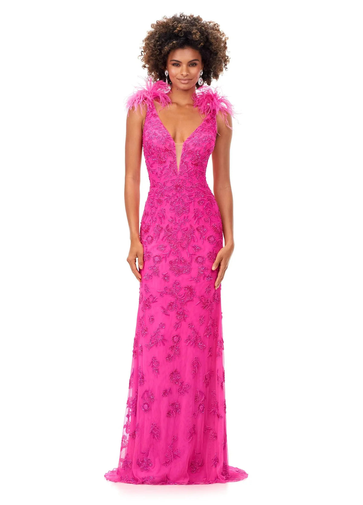 Hot Pink Embroidered Plunge Neck Gown with Feathered Shoulders | Luxury Evening Wear