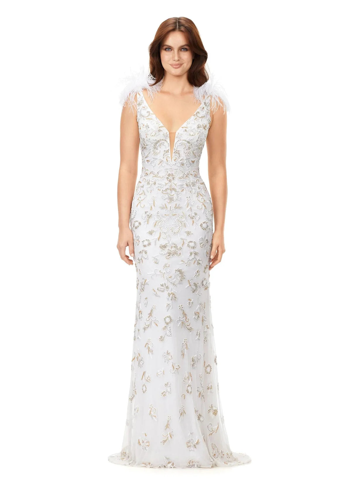 Ivory Embroidered Plunge Neck Gown with Feathered Shoulders | Luxury Evening Wear