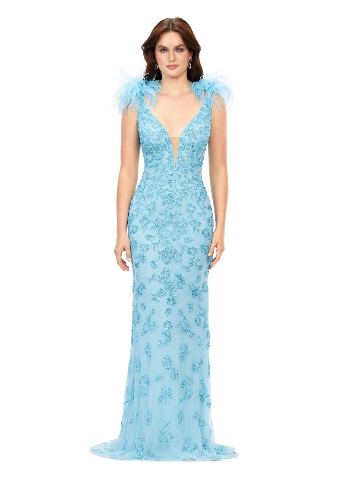 Sky Blue Embroidered Plunge Neck Gown with Feathered Shoulders | Luxury Evening Wear