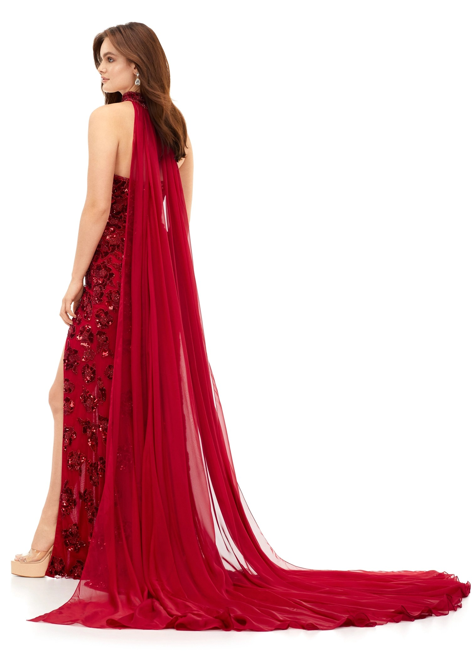 Cristal ASHLEYlauren Gown | Red Strapless Sequin Gown With Slit & Cape Choker