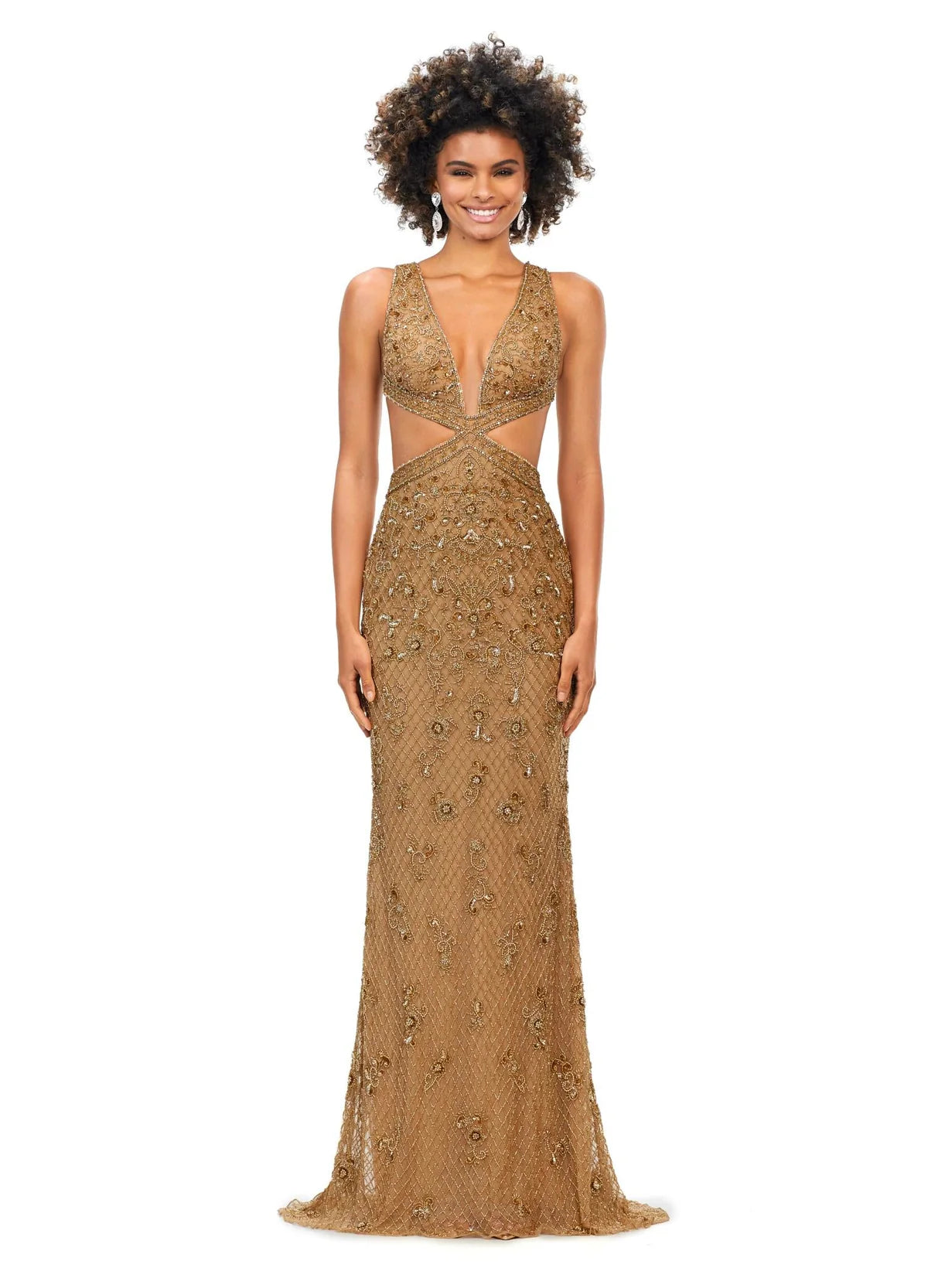 Embellished Gown With Plunging Neckline, Cut-Out Waist Detail, and Fitted Silhouette Featuring Intricate Beading