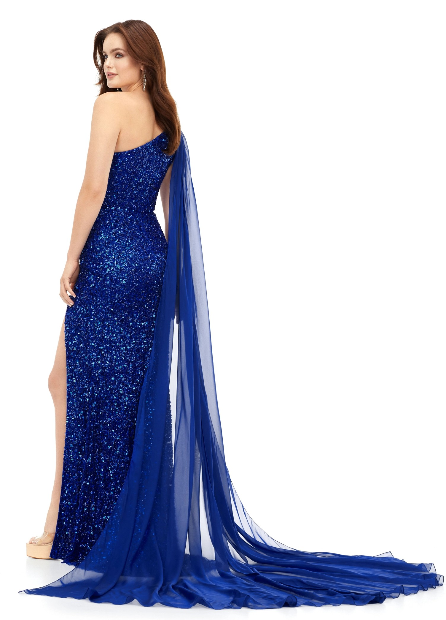 Royal Blue One-Shoulder Sequin Gown with Thigh-High Slit & Cape Detail | Luxury Evening Dress