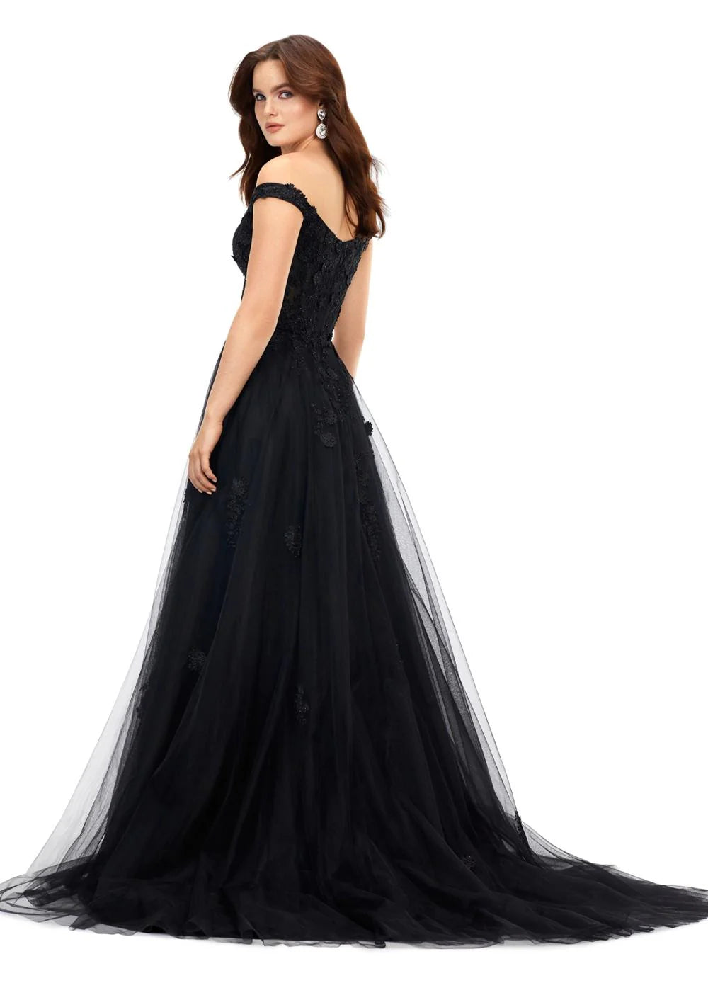 Off-The-Shoulder Black Ball Gown Featuring Lace Detailing, Sheer Bodice, Flowing Tulle Skirt, And High Side Slit. Back View.