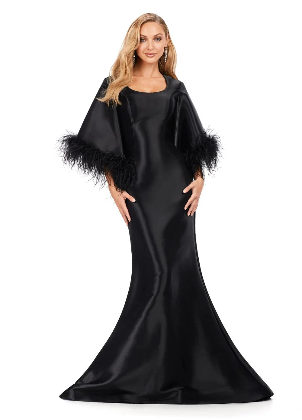 Elegant satin gown featuring dramatic bell sleeves with feather trim and a classic mermaid silhouette, exuding timeless sophistication and bold glamour.