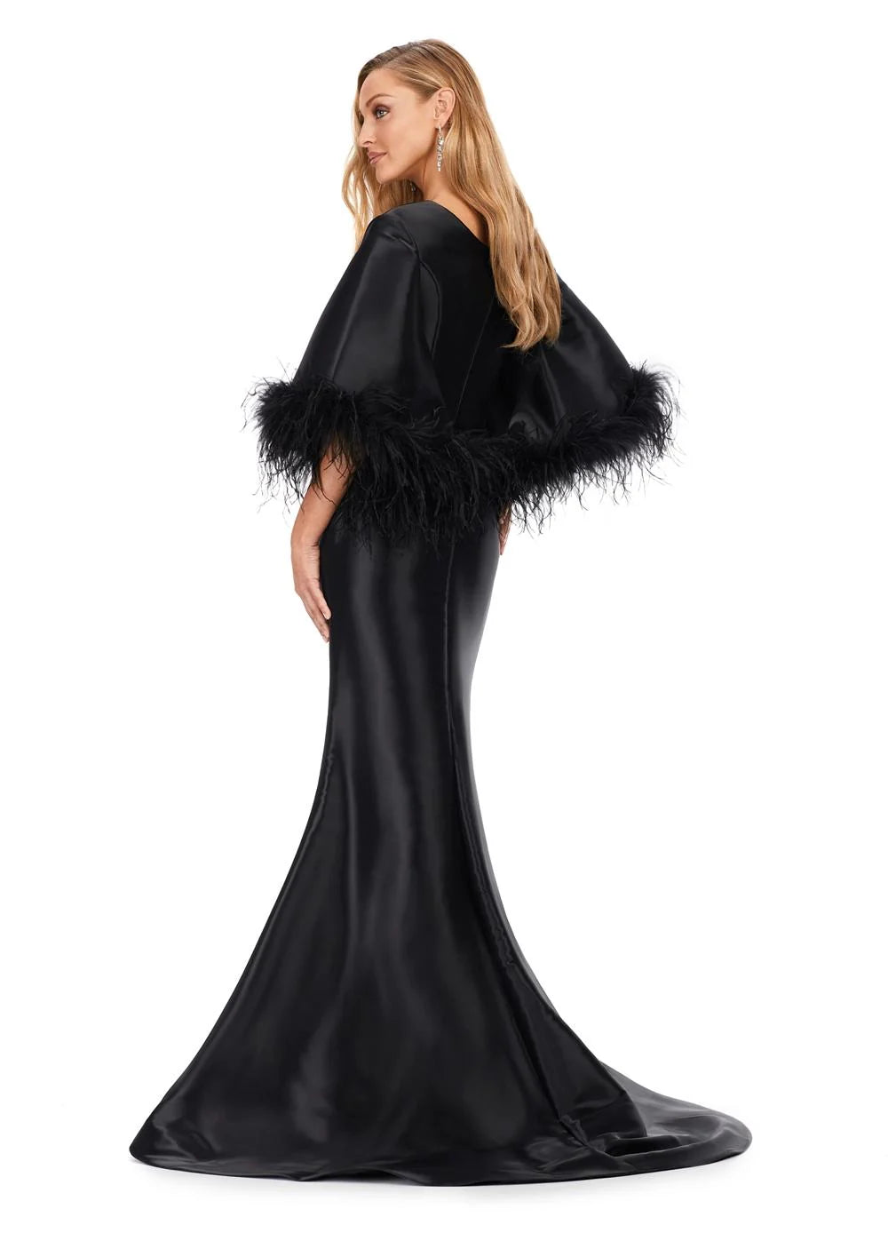 Back view - Elegant satin gown featuring dramatic bell sleeves with feather trim and a classic mermaid silhouette, exuding timeless sophistication and bold glamour.