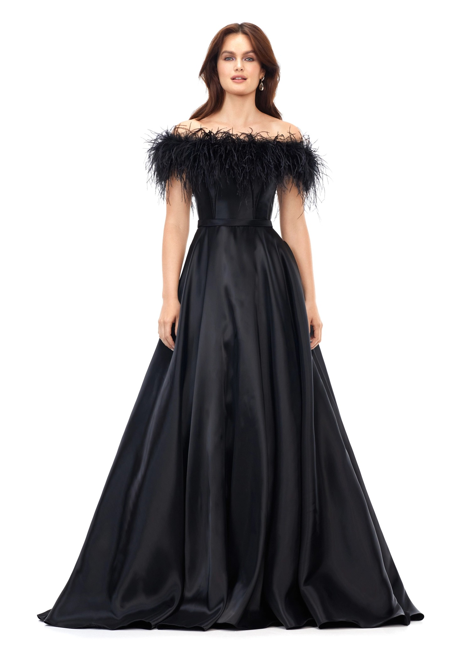 Black ball gown with an off-the-shoulder feathered neckline and a satin full-length skirt, creating an elegant and dramatic silhouette.