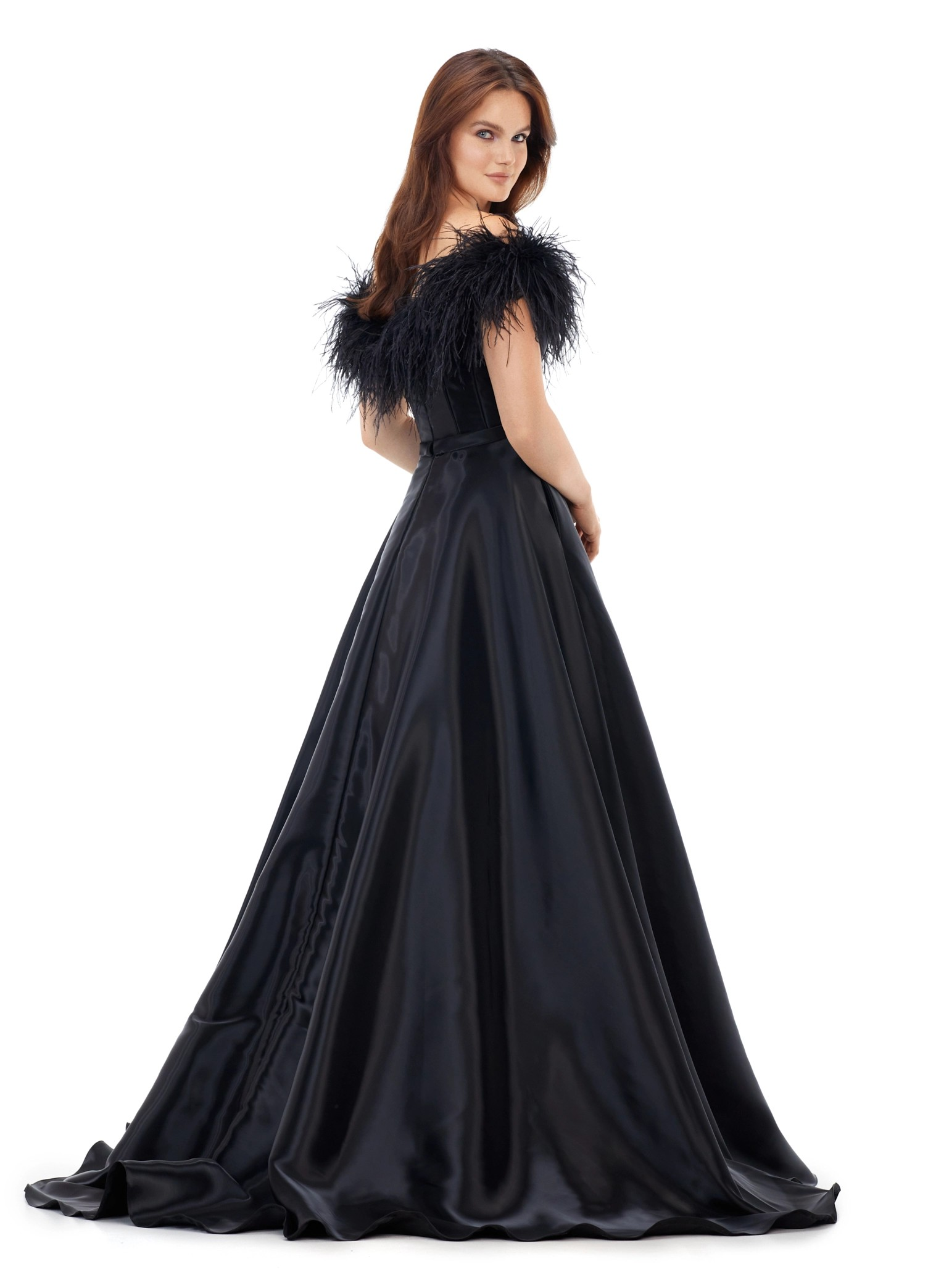 Back view of a black ball gown with an off-the-shoulder feathered neckline and a satin full-length skirt, creating an elegant and dramatic silhouette.