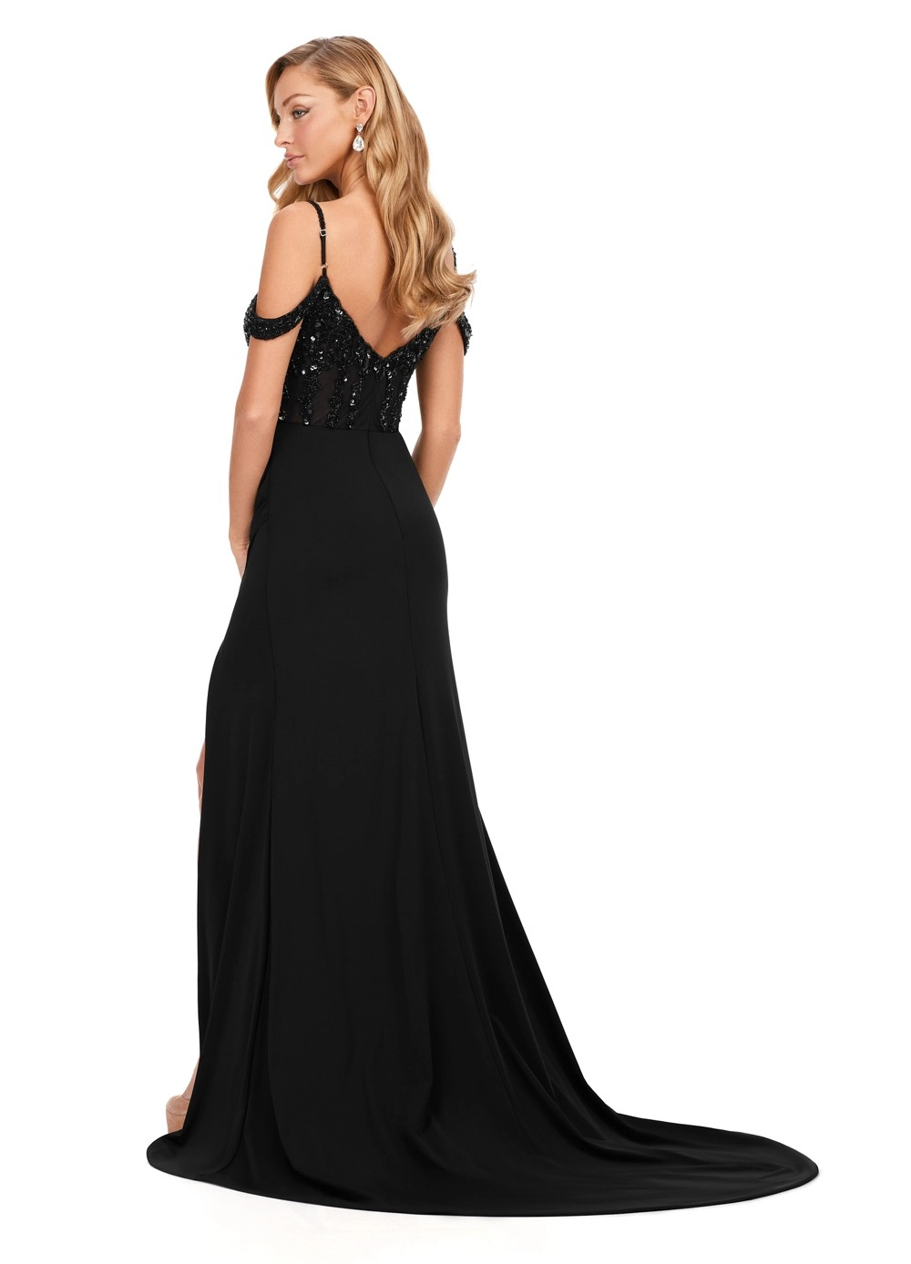 Back View - Black Off-The-Shoulder Evening Gown With Sequinned Bodice, Sheer Corset Detail, High Slit, and Floor-Length Skirt