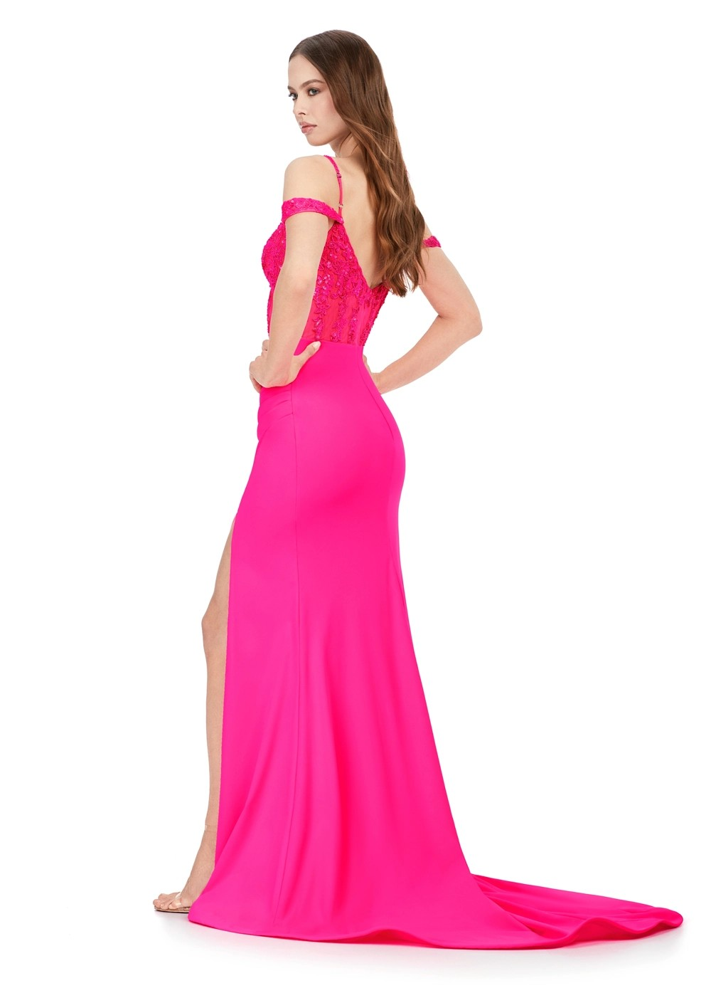 Back View - Hot Pink Off-The-Shoulder Evening Gown With Sequinned Bodice, Sheer Corset Detail, High Slit, and Floor-Length Skirt