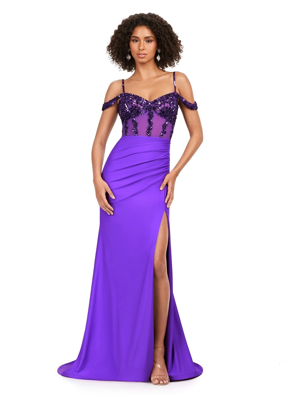 Purple Off-The-Shoulder Evening Gown With Sequinned Bodice, Sheer Corset Detail, High Slit, and Floor-Length Skirt