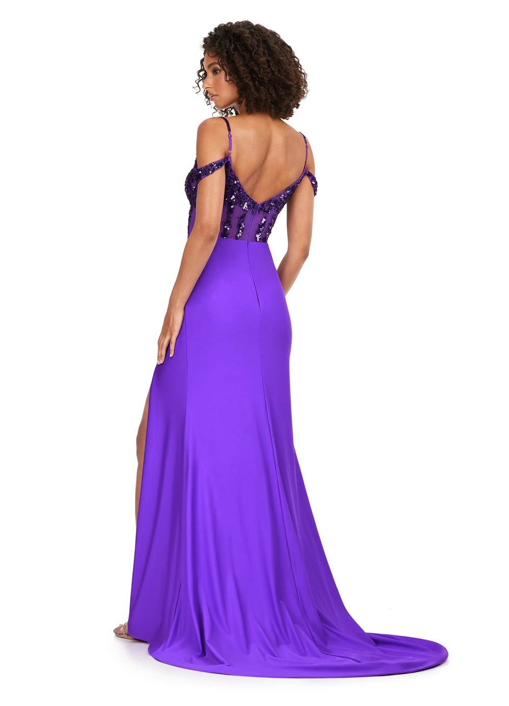 Back View - Purple Off-The-Shoulder Evening Gown With Sequinned Bodice, Sheer Corset Detail, High Slit, and Floor-Length Skirt